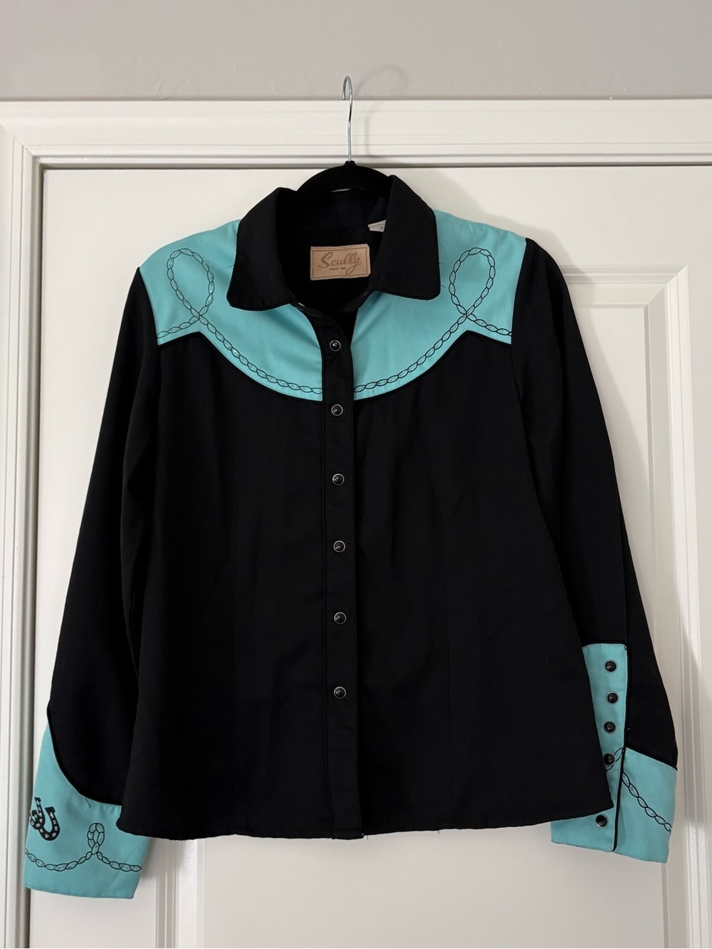 Vintage Scully Women’s Black and Blue Western Pearl Button Down Skirt